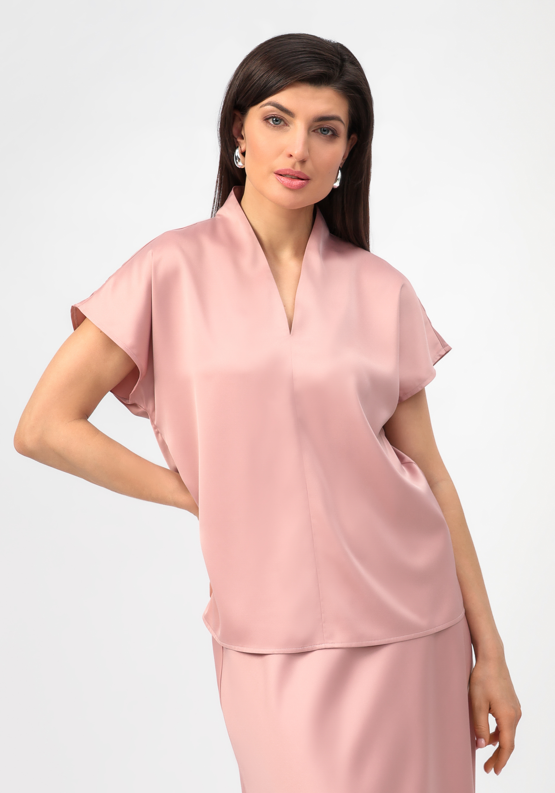 

Блуза с V-образным вырезом с коротким рукавом, Розовый