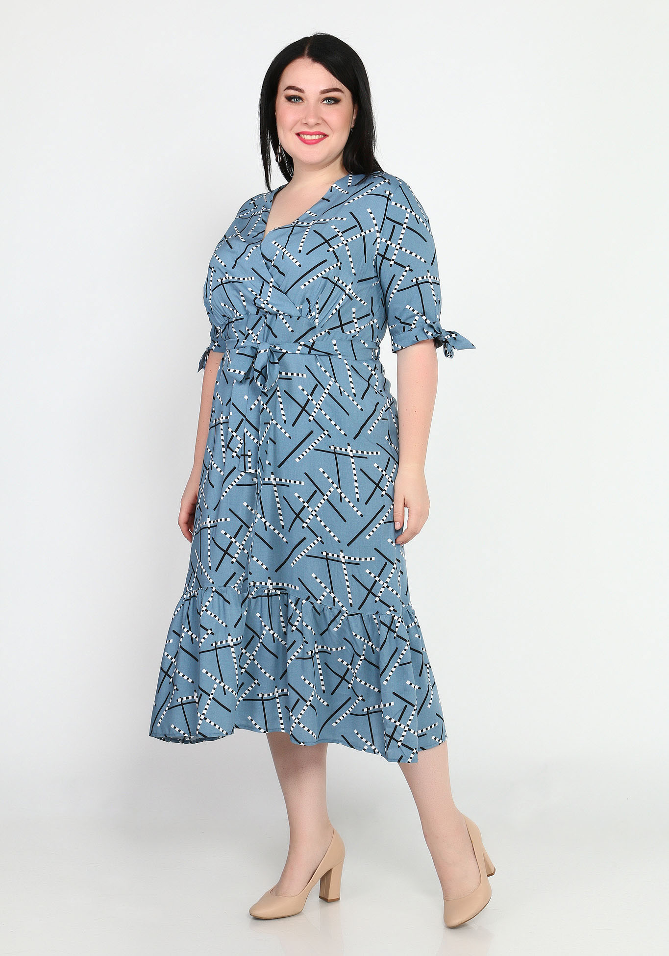 Платье с воланом и завязками на рукавах Elletto Life, размер 44, цвет голубой - фото 2