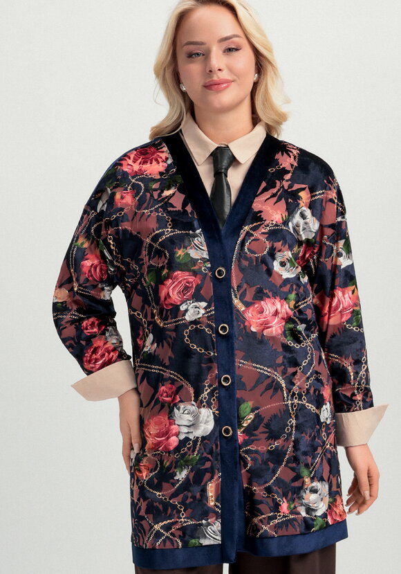 Кардиган из бархата с цветочным принтом шир.  580, рис. 1