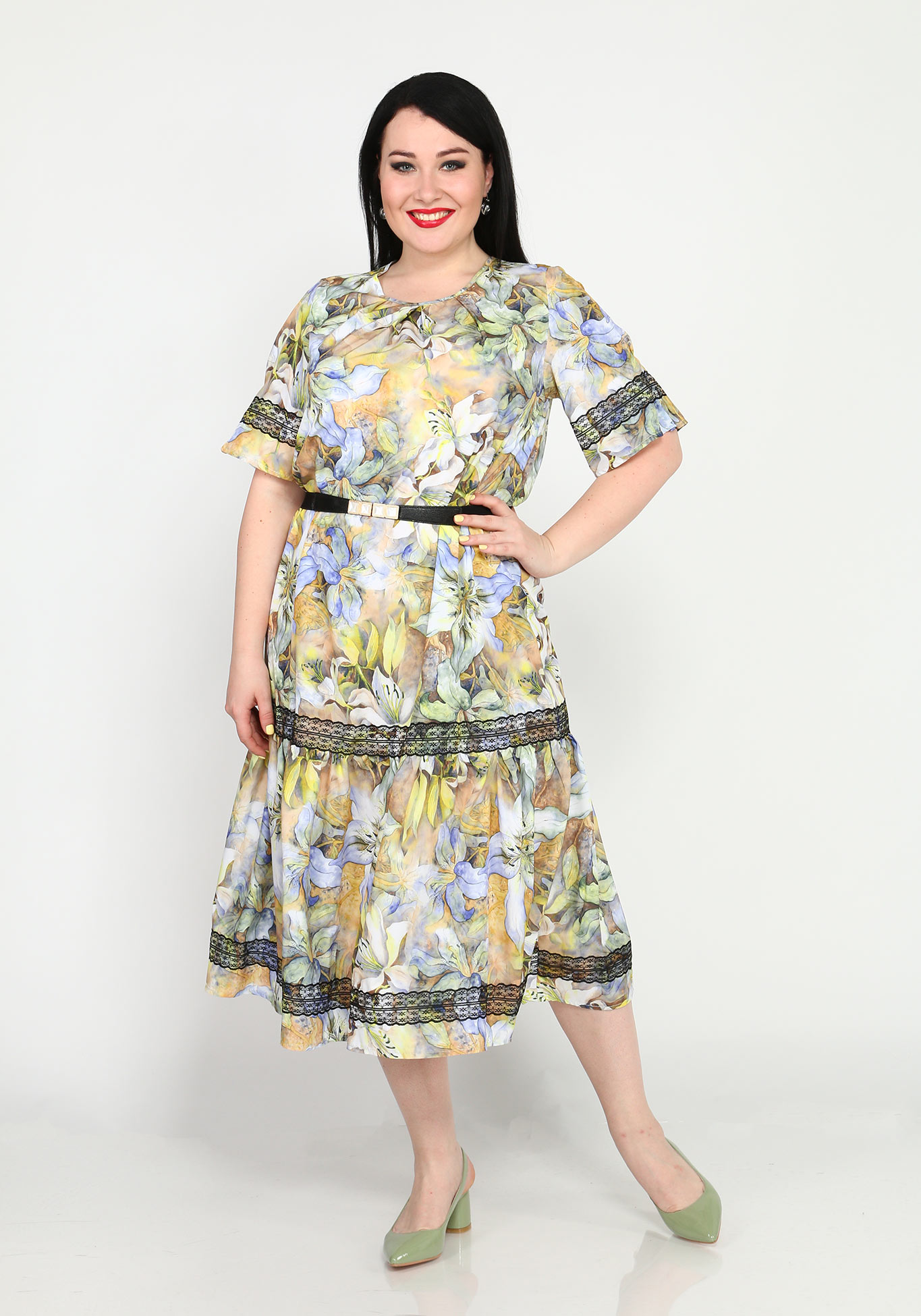 

Платье с кружевным декором и принтом, Желтый