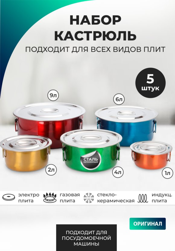 Набор посуды из нержавеющей стали с крышками шир.  580, рис. 1