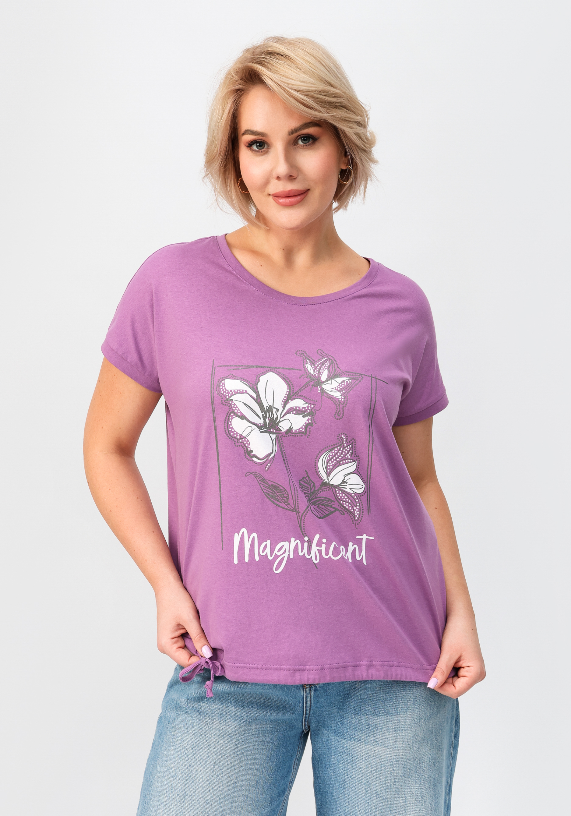 

Блуза с цветочным принтом и кулиской по низу, Фиолетовый