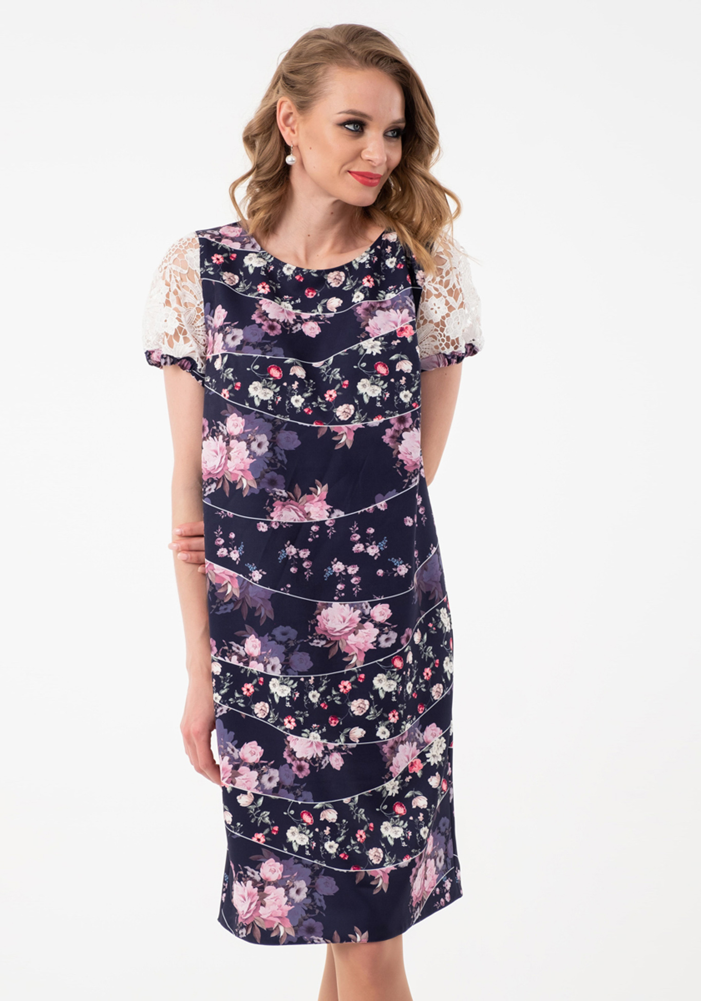 Платье с принтом и кружевными рукавами Wisell, размер 48, цвет бежевый - фото 3