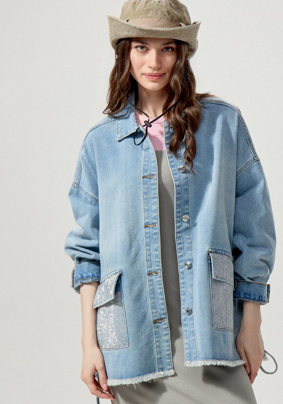 Джинсовая куртка со стразами на карманах шир.  580, рис. 8