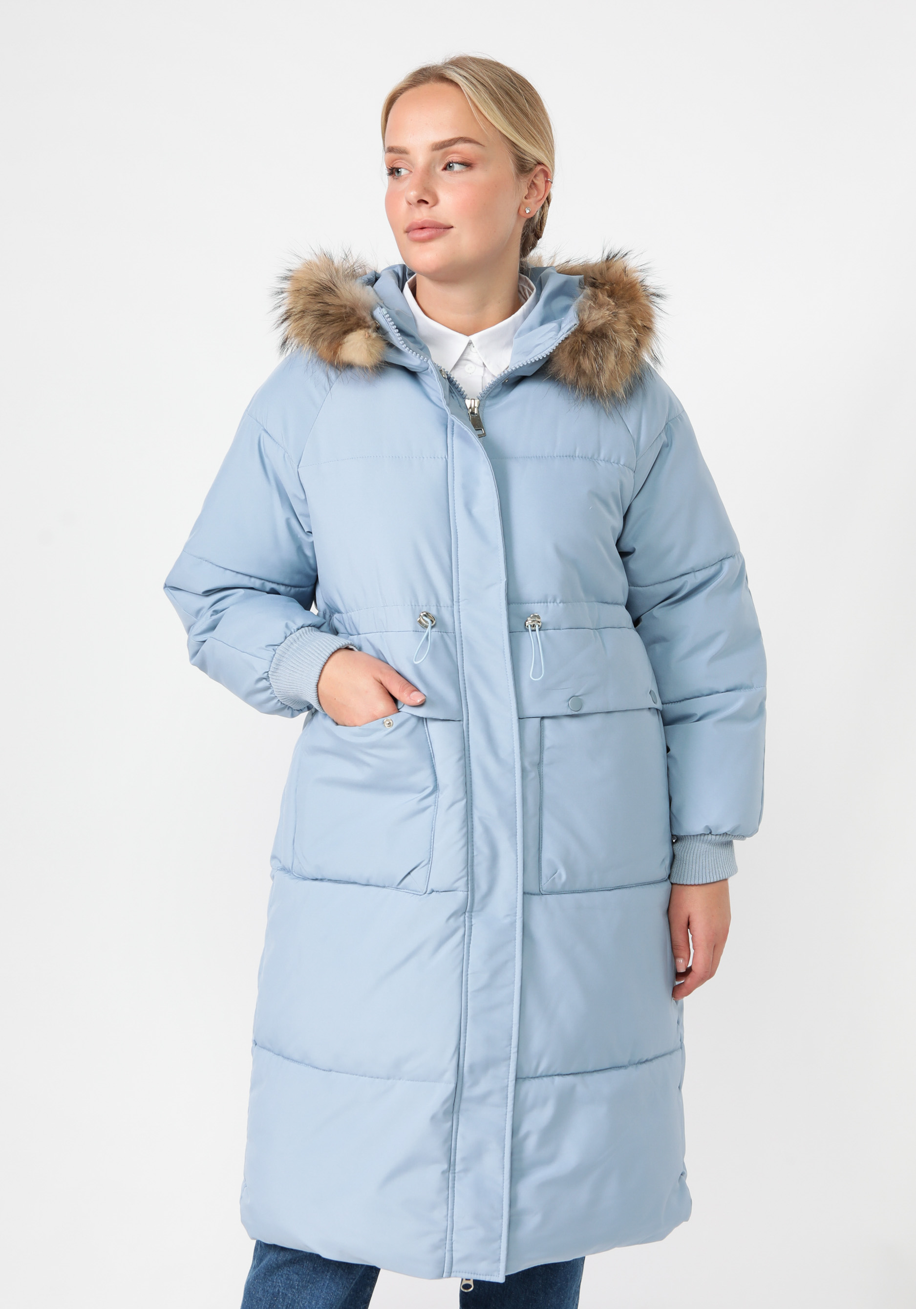 Пальто с меховой опушкой по капюшону VeraVo, цвет голубой, размер 48-50 - фото 2