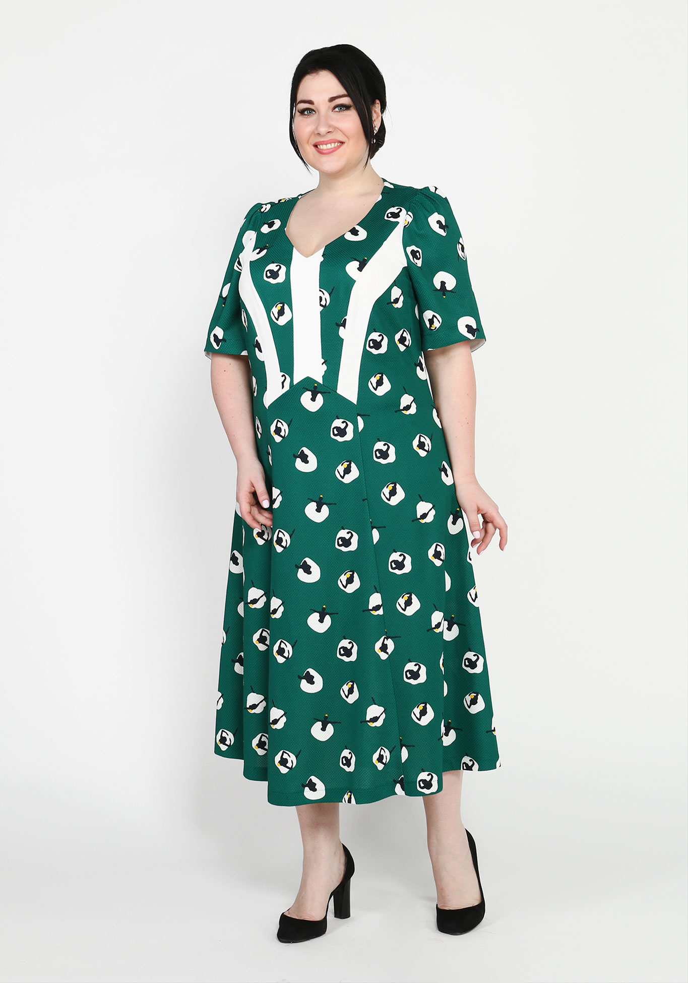 Платье с принтом и контрастными рукавами GalaGrosso, размер 50, цвет бело-зеленый - фото 1