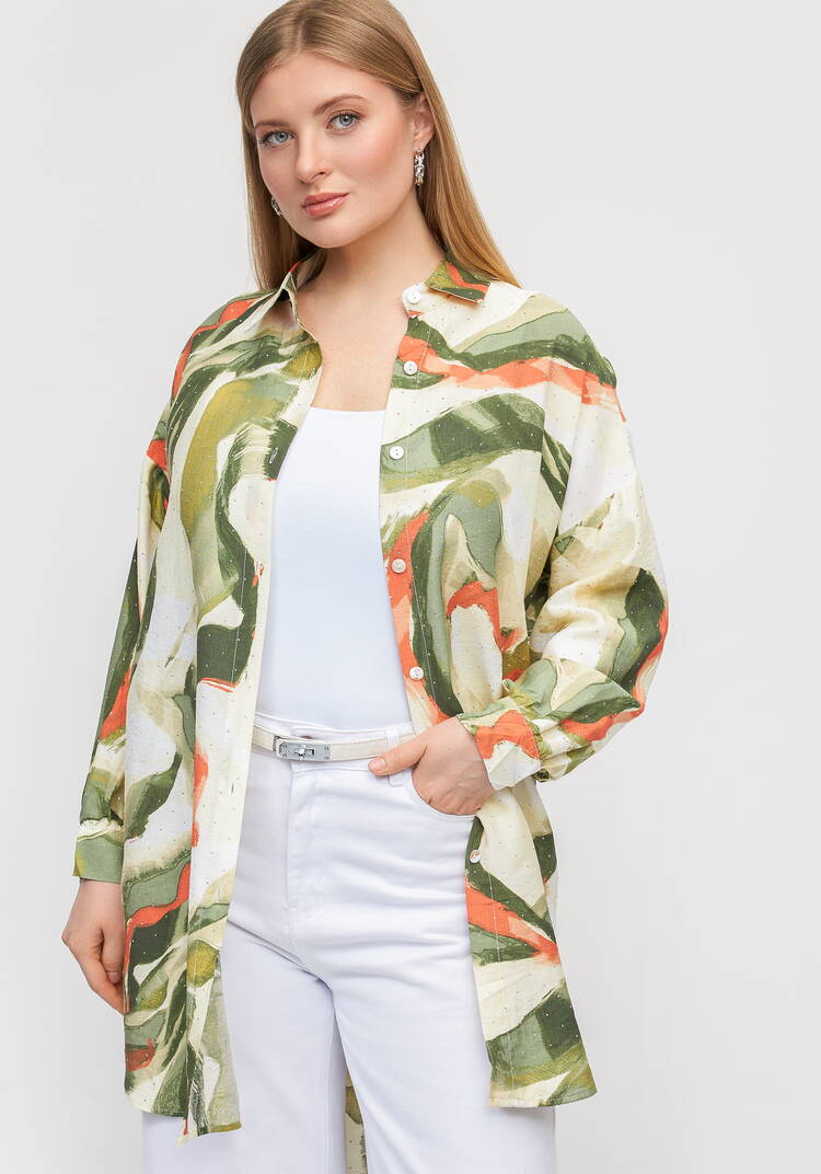 Туника на пуговицах с принтом и стразами шир.  750, рис. 1