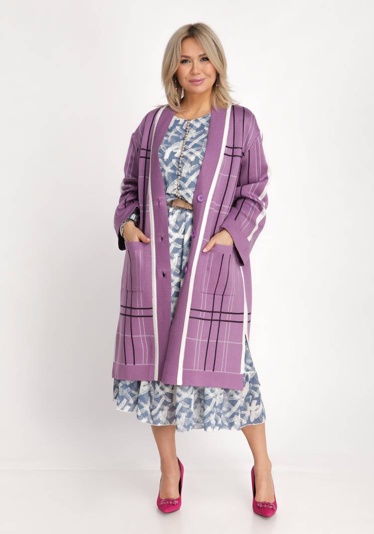 Кардиган в клетку с карманами и поясом шир.  750, рис. 5