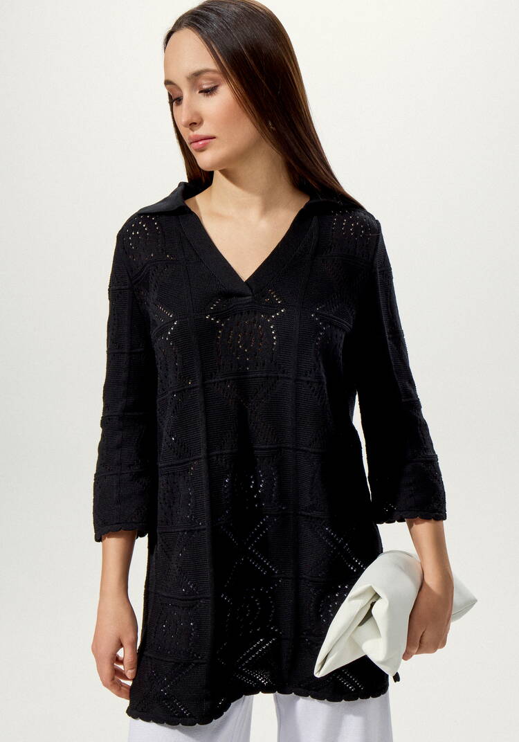 Туника с ажурным рисунком и воротником поло шир.  750, рис. 8