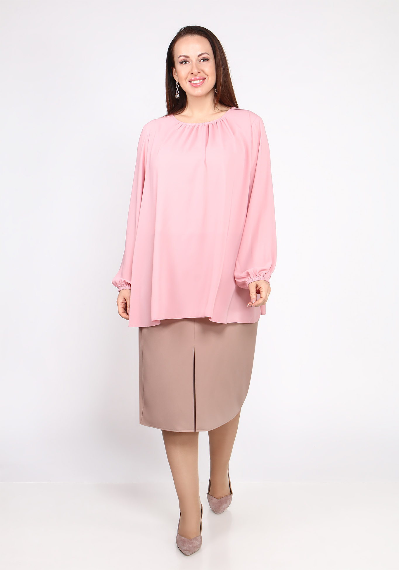 Блуза шифоновая с длинным рукавом Bianka Modeno, размер 64, цвет пудровый - фото 1