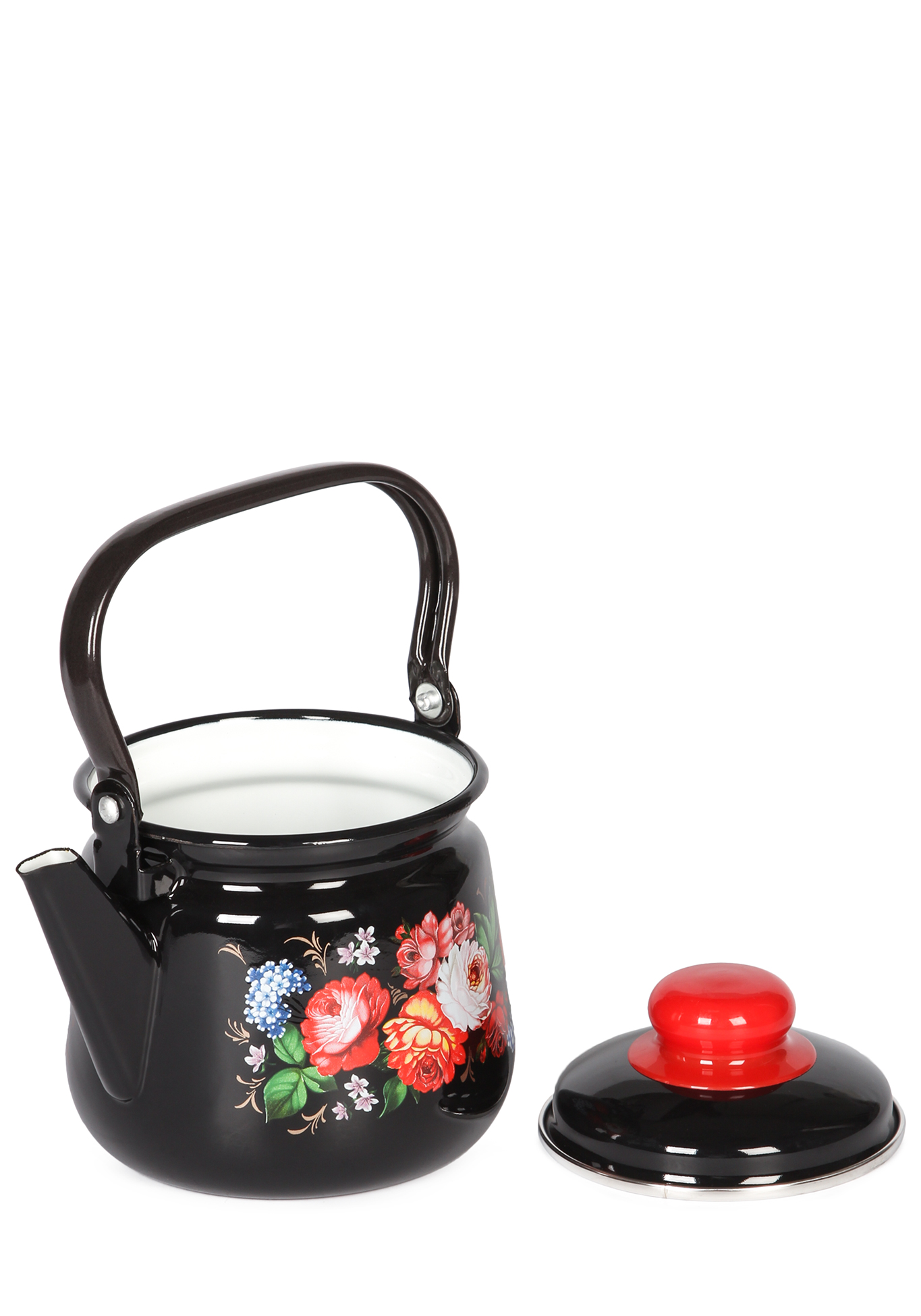 Чайник эмалированный "Жостовские мотивы" ЭСТЕТ Посуда, цвет черный с рисунком - фото 5