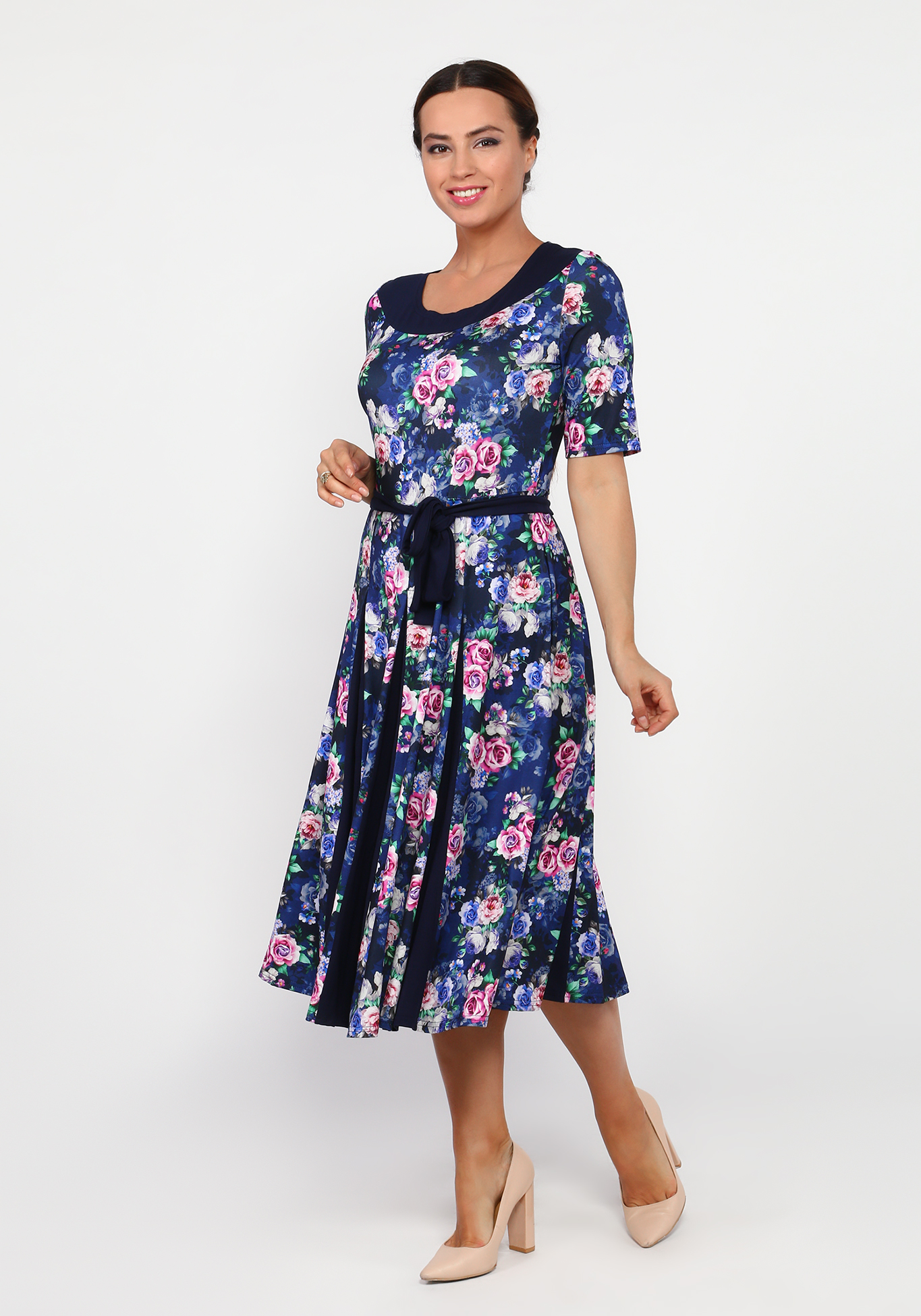 Платье с контрастным поясом и принтом "розы" Bianka Modeno, размер 46 - фото 1