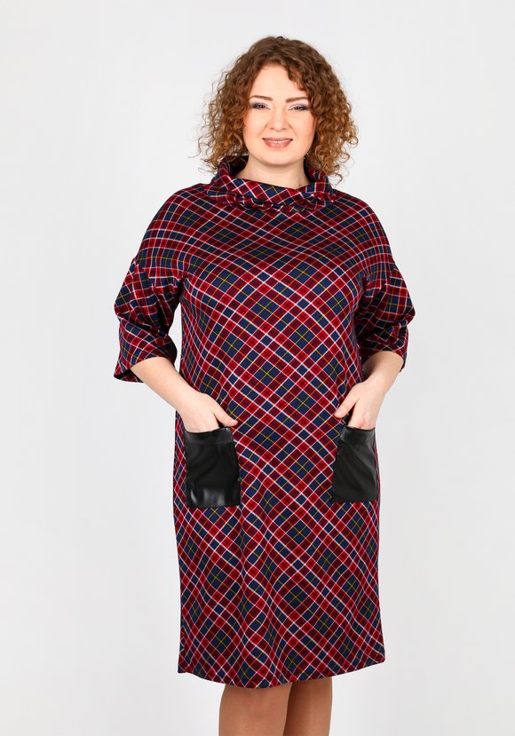 Платье в клетку с карманами из эко-кожи шир.  580, рис. 3