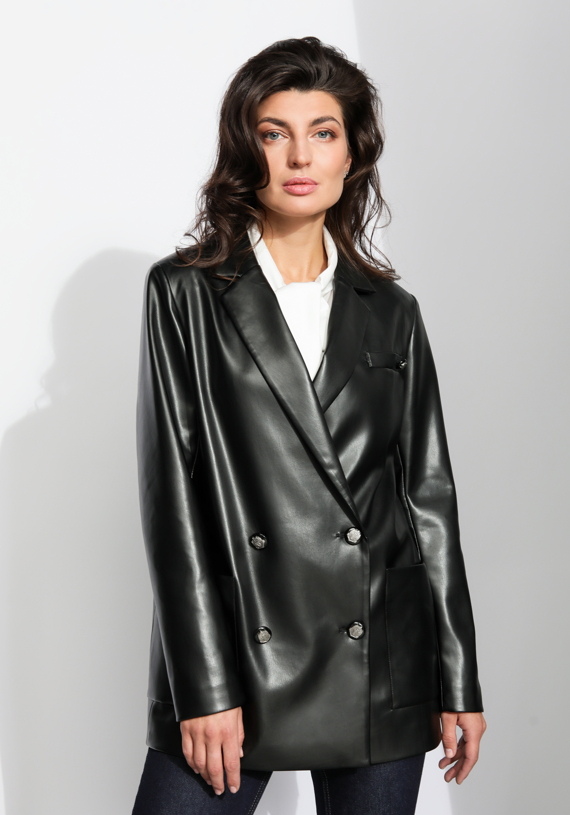 

Пиджак двубортный из экокожи, Черный