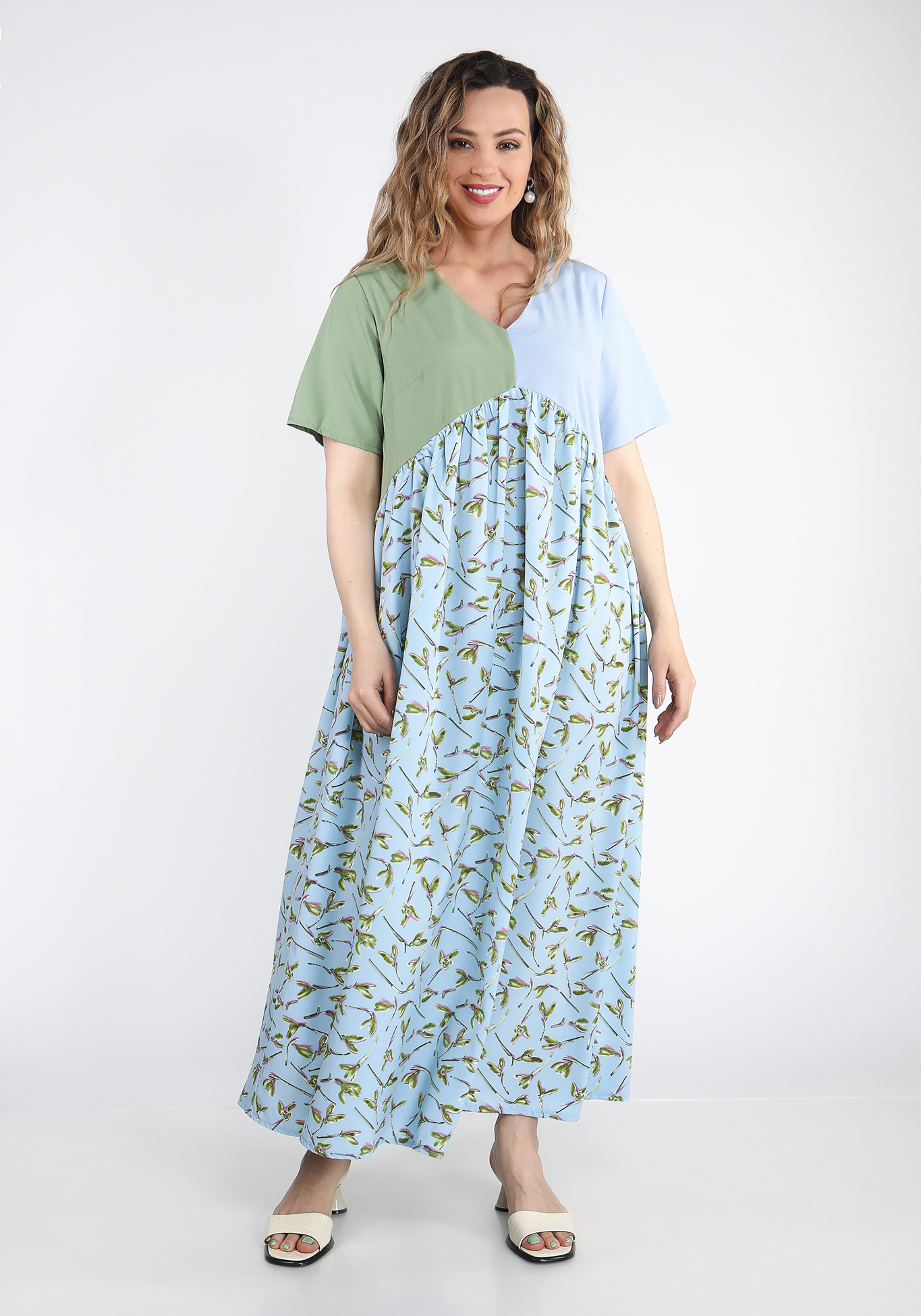 Платье из комбинации тканей жен сарафан лето голубой р 46