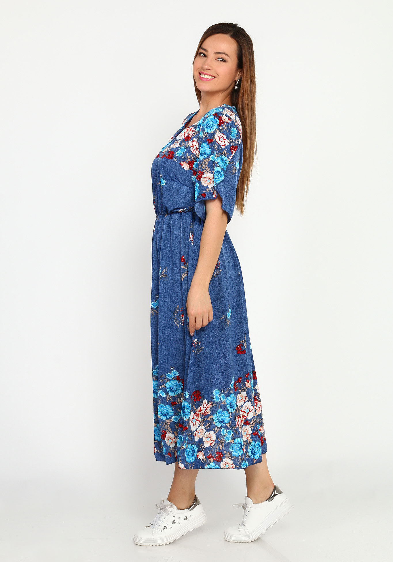 Платье с резинкой на талии и купонным принтом Bianka Modeno, размер 48, цвет голубые цветы - фото 3