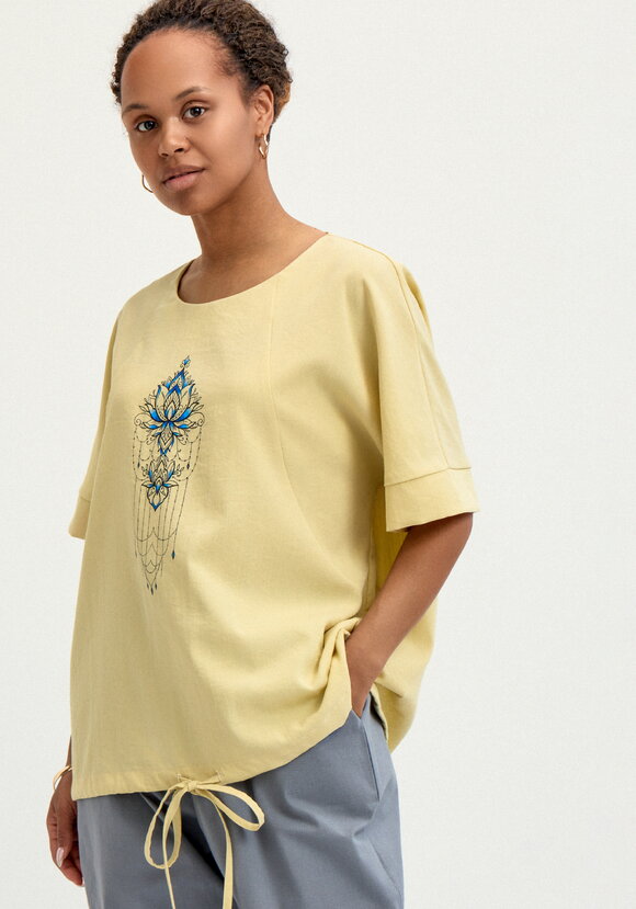 Блуза изо льна с интересным принтом шир.  580, рис. 8