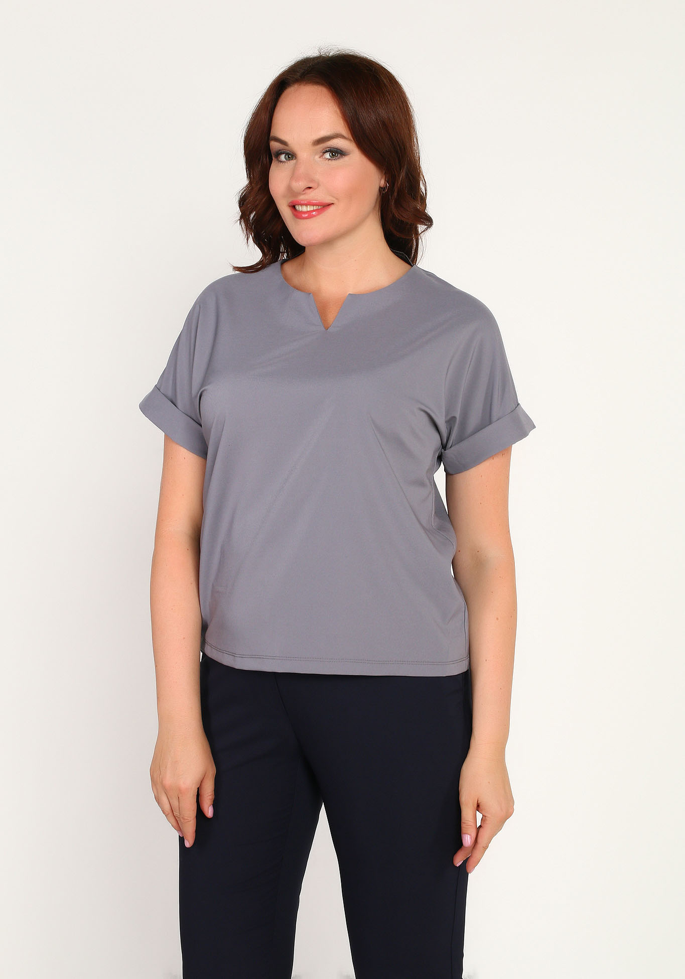 Блуза с коротким рукавом и фигурным вырезом Simple Story, размер 56, цвет серый - фото 1