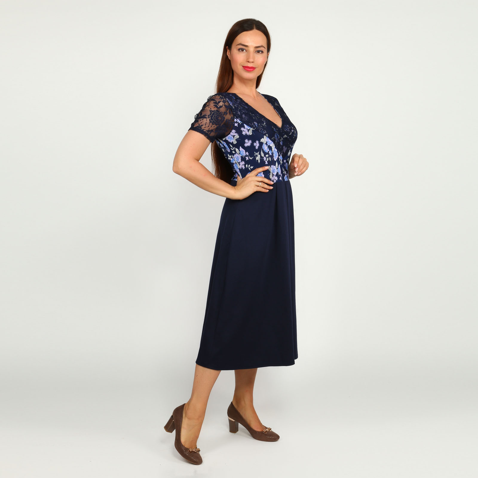 Платье с гипюровыми вставками и принтом Bianka Modeno, размер 54, цвет синий - фото 2
