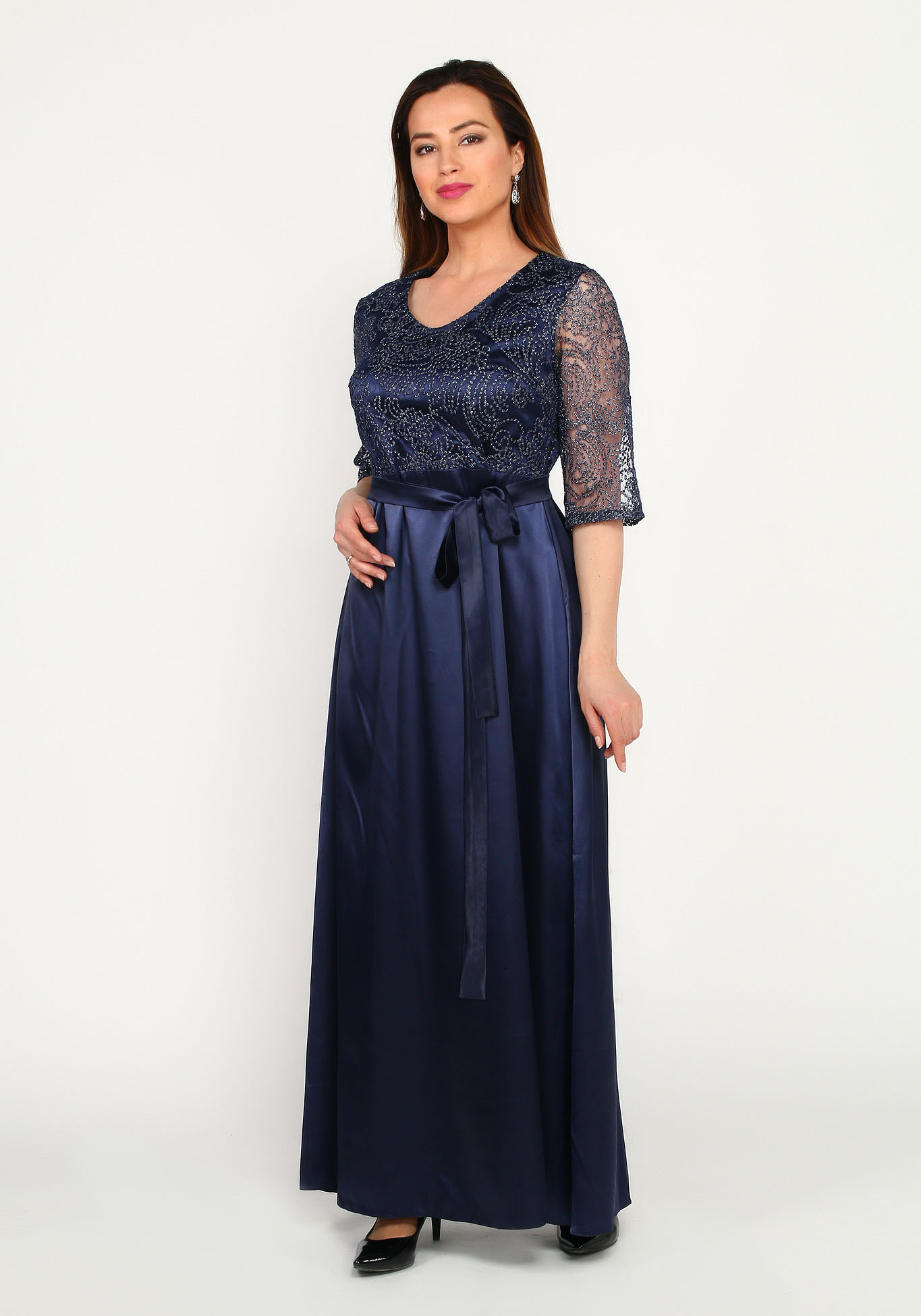 Платье вечернее в пол с кружевной отделкой Bel Fiore, размер 50, цвет синий - фото 3