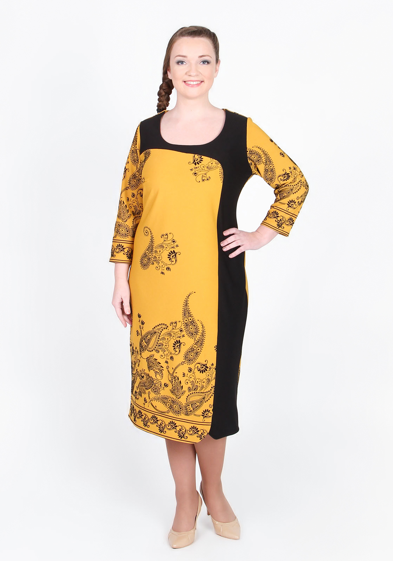 Платье-миди с оригинальной контрастной вставкой GalaGrosso, цвет желтый, размер 52 - фото 1