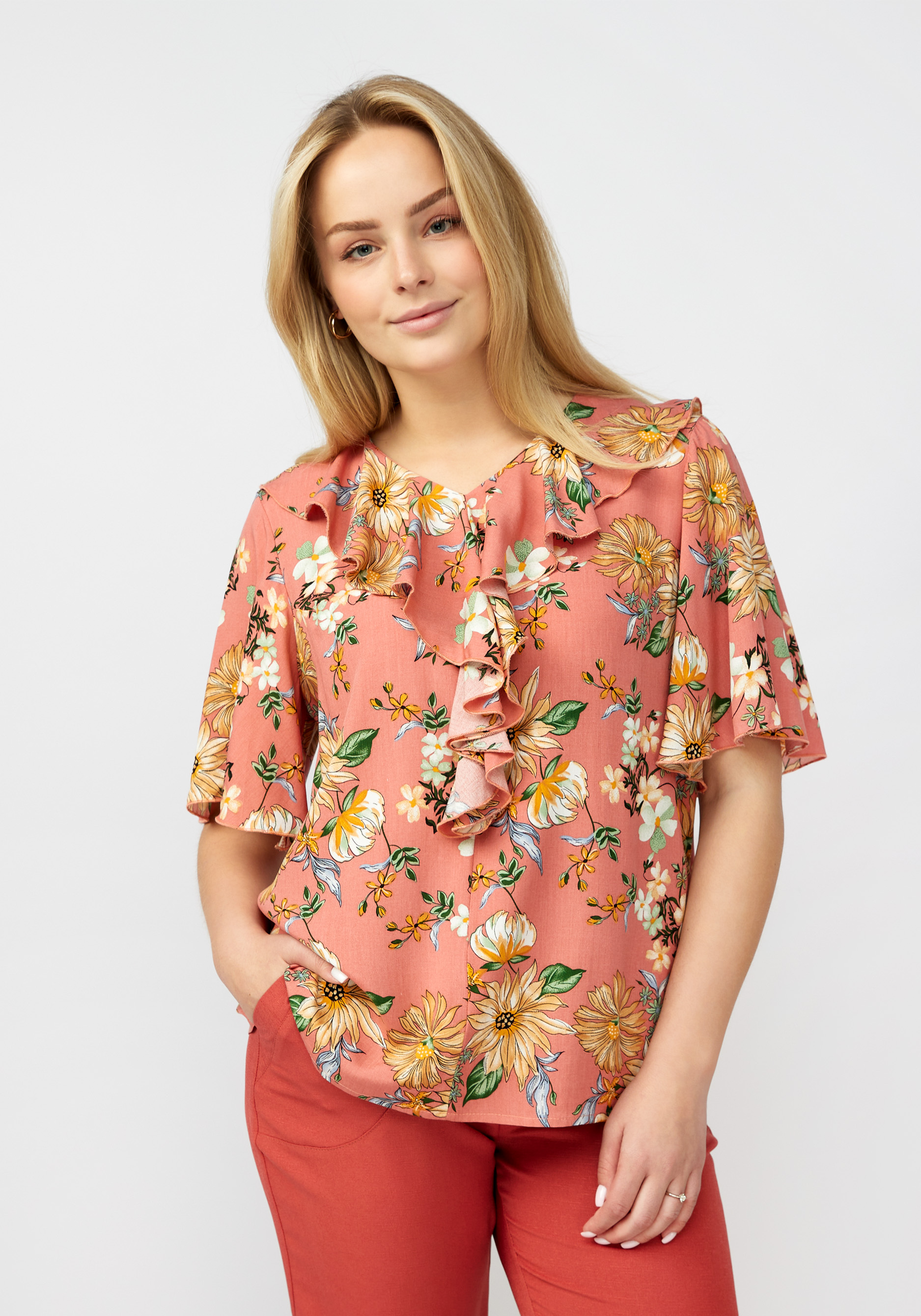 Блуза с воланом по передней полочке Mio Imperatrice, размер 50, цвет оранжевый - фото 4
