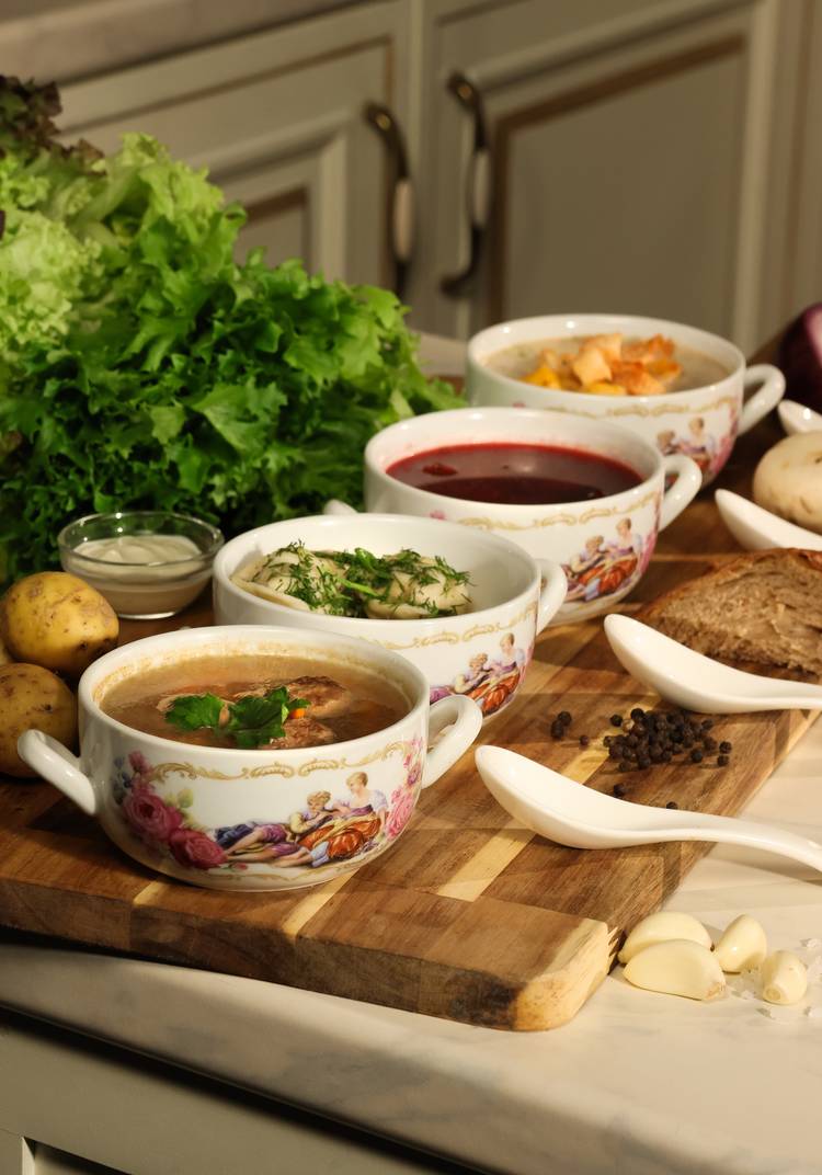 Набор керамических бульонниц с ложками, 4 шт. шир.  750, рис. 1