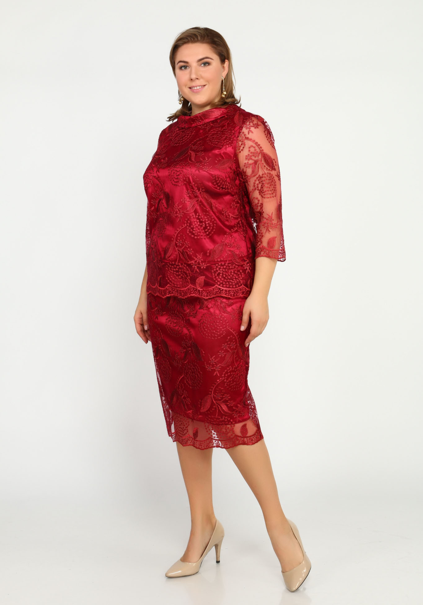 Платье гипюровое с имитацией двойки Bel Fiore, размер 48, цвет красный - фото 7