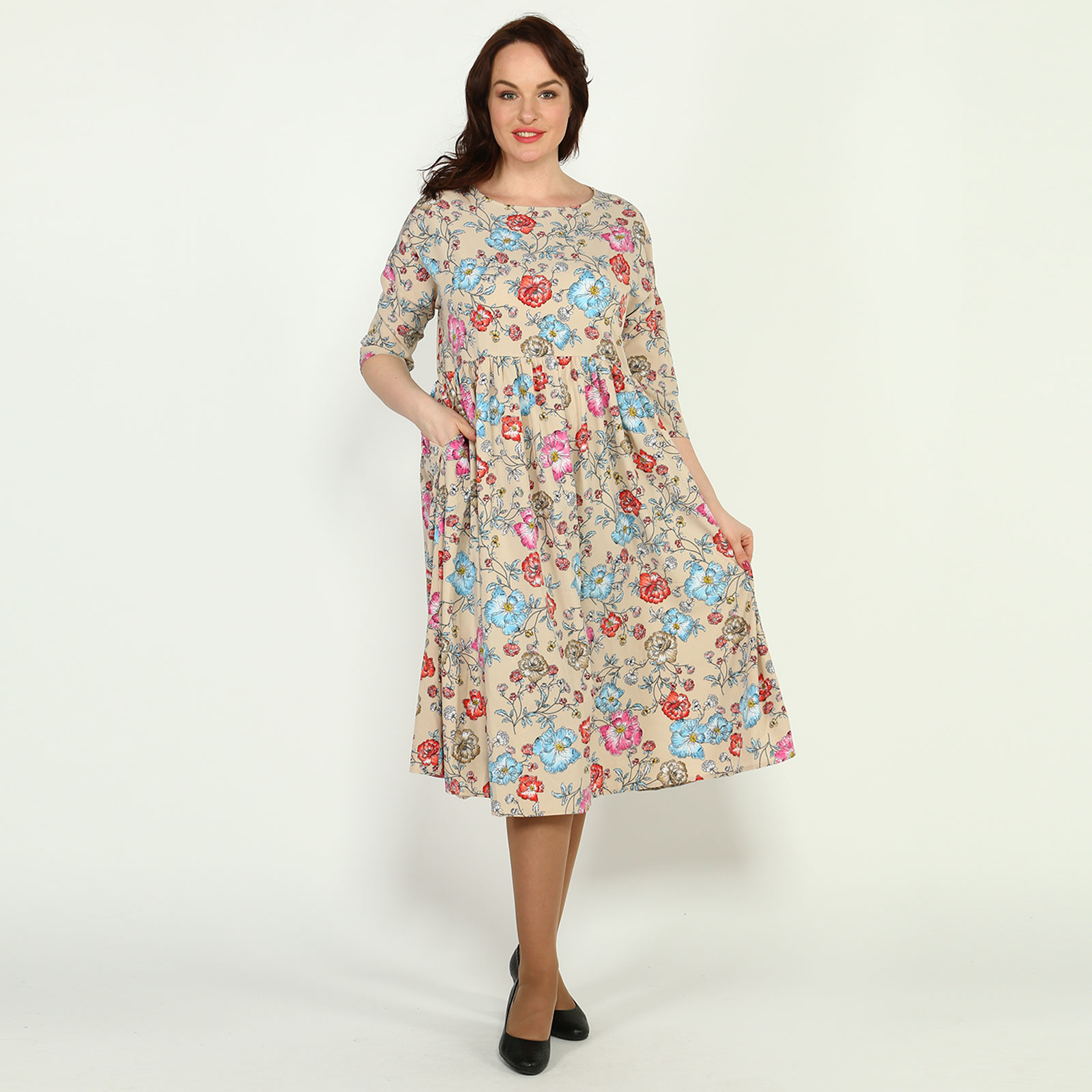 Платье-миди с флористическим принтом Frida, размер 60, цвет бежевый - фото 1
