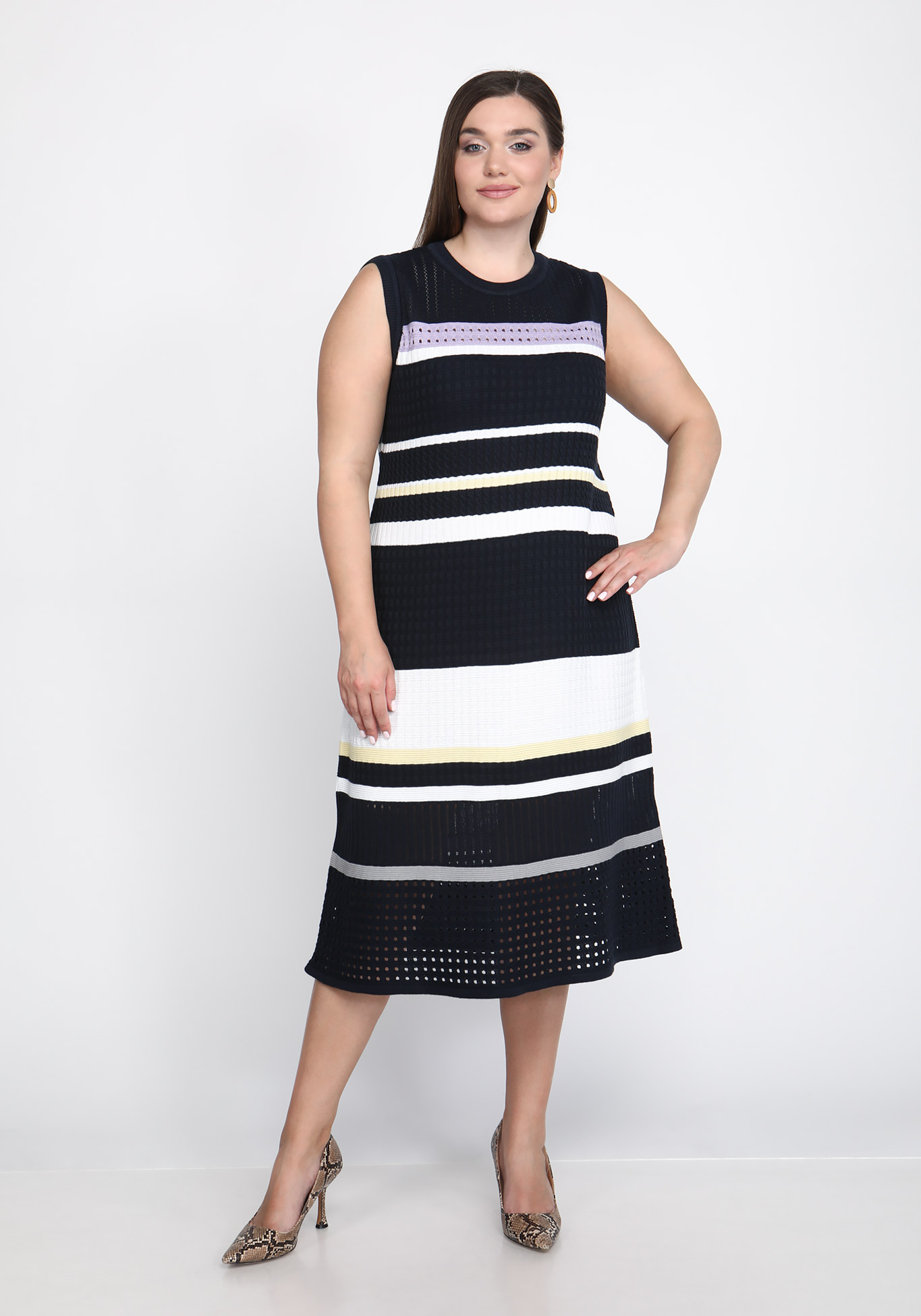 Платье ажурное в полоску Vivawool, размер 48, цвет бежевый - фото 1