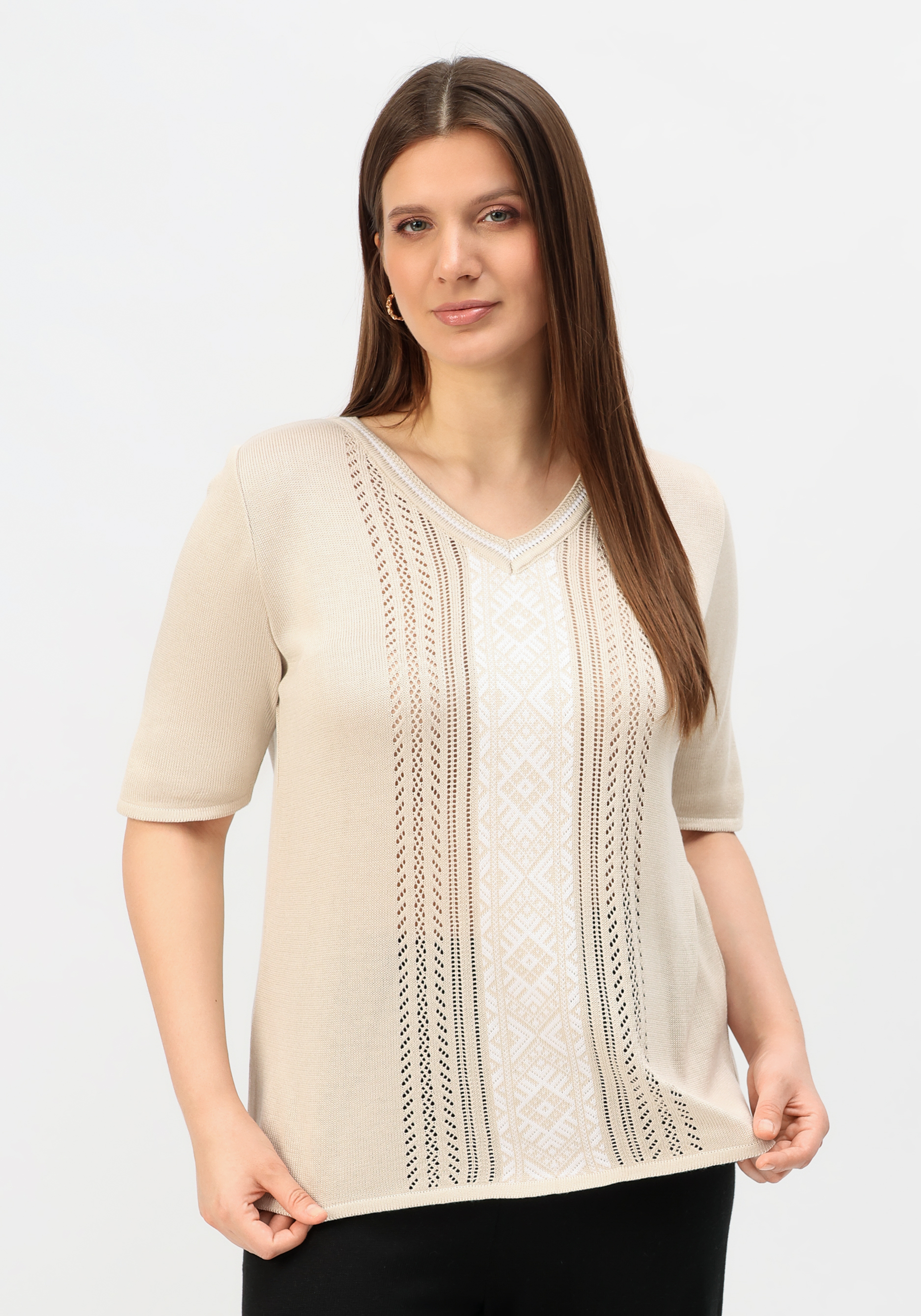 Пуловер с узором на передней полочке Vivawool, размер 48, цвет серый