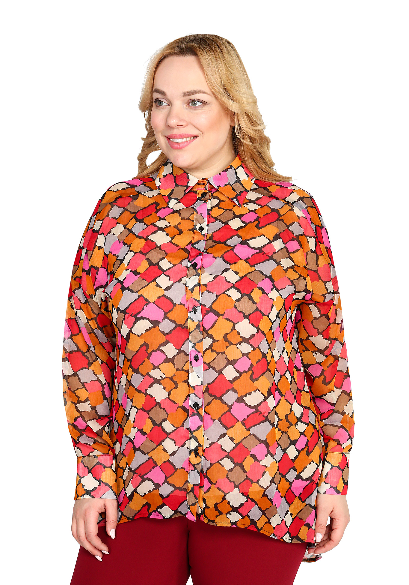 Блуза с ярким принтом и отложным воротником Elletto Life, размер 48, цвет розовый - фото 1
