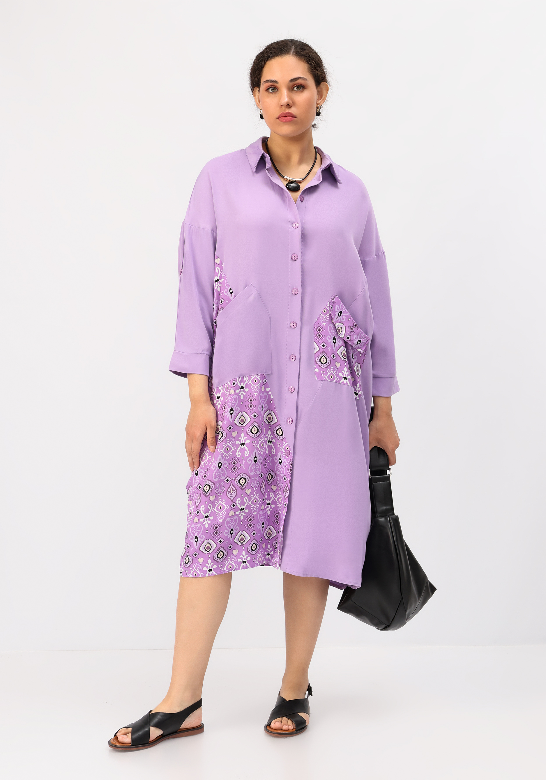 Платье-рубашка из штапеля комбинированное Frida, цвет фиолетовый, размер 54-56