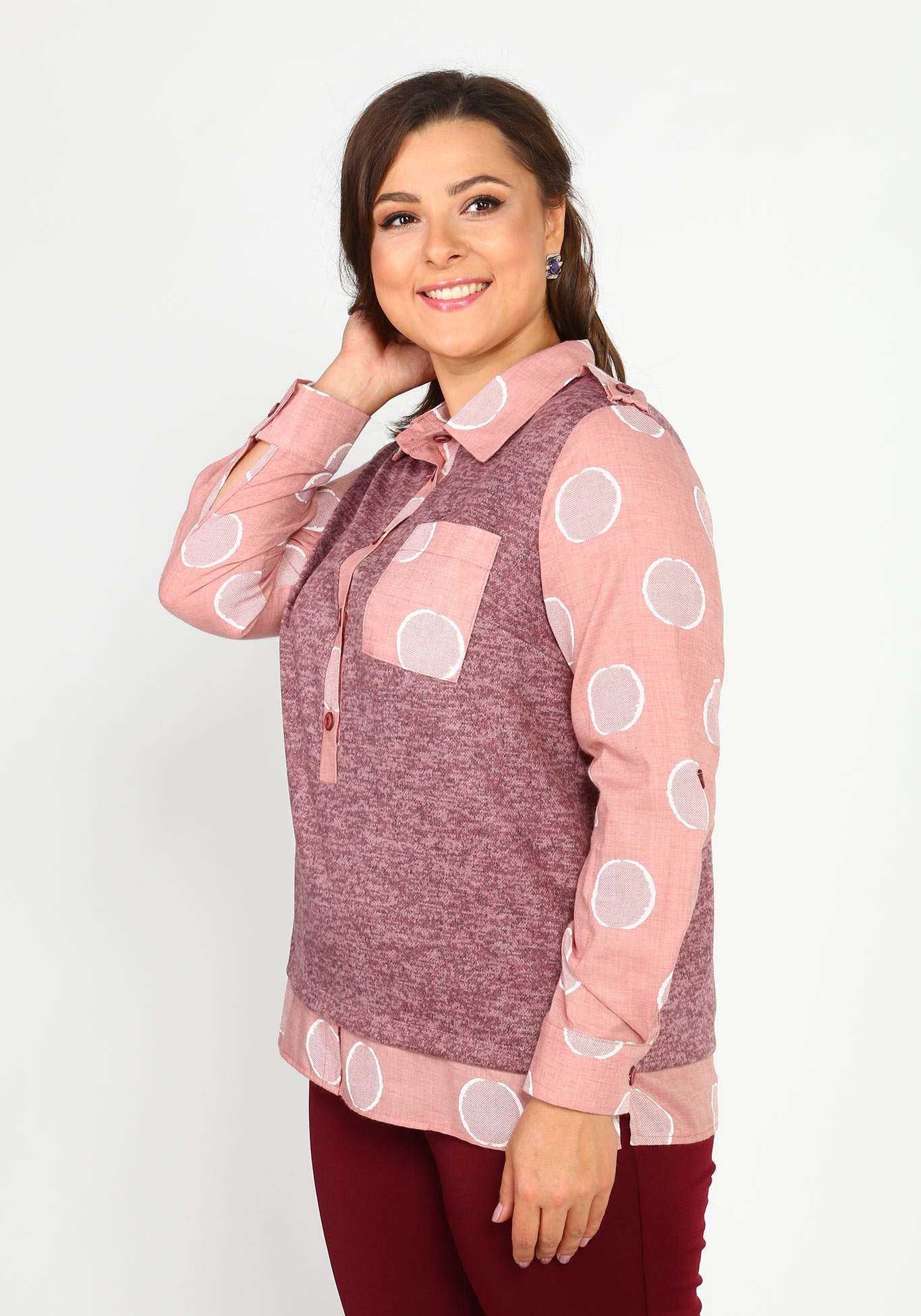Блуза комбинированная с пуговицами Elletto Life, размер 44, цвет сиреневый - фото 1