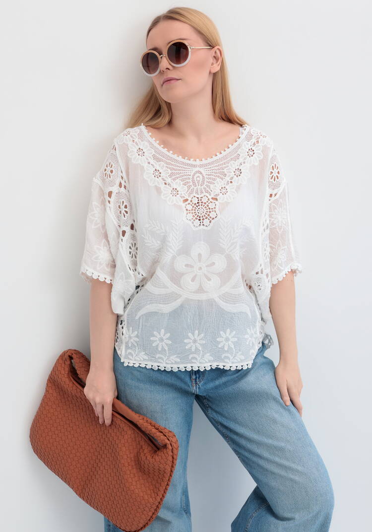 Блуза свободная с кружевным шитьем шир.  750, рис. 7