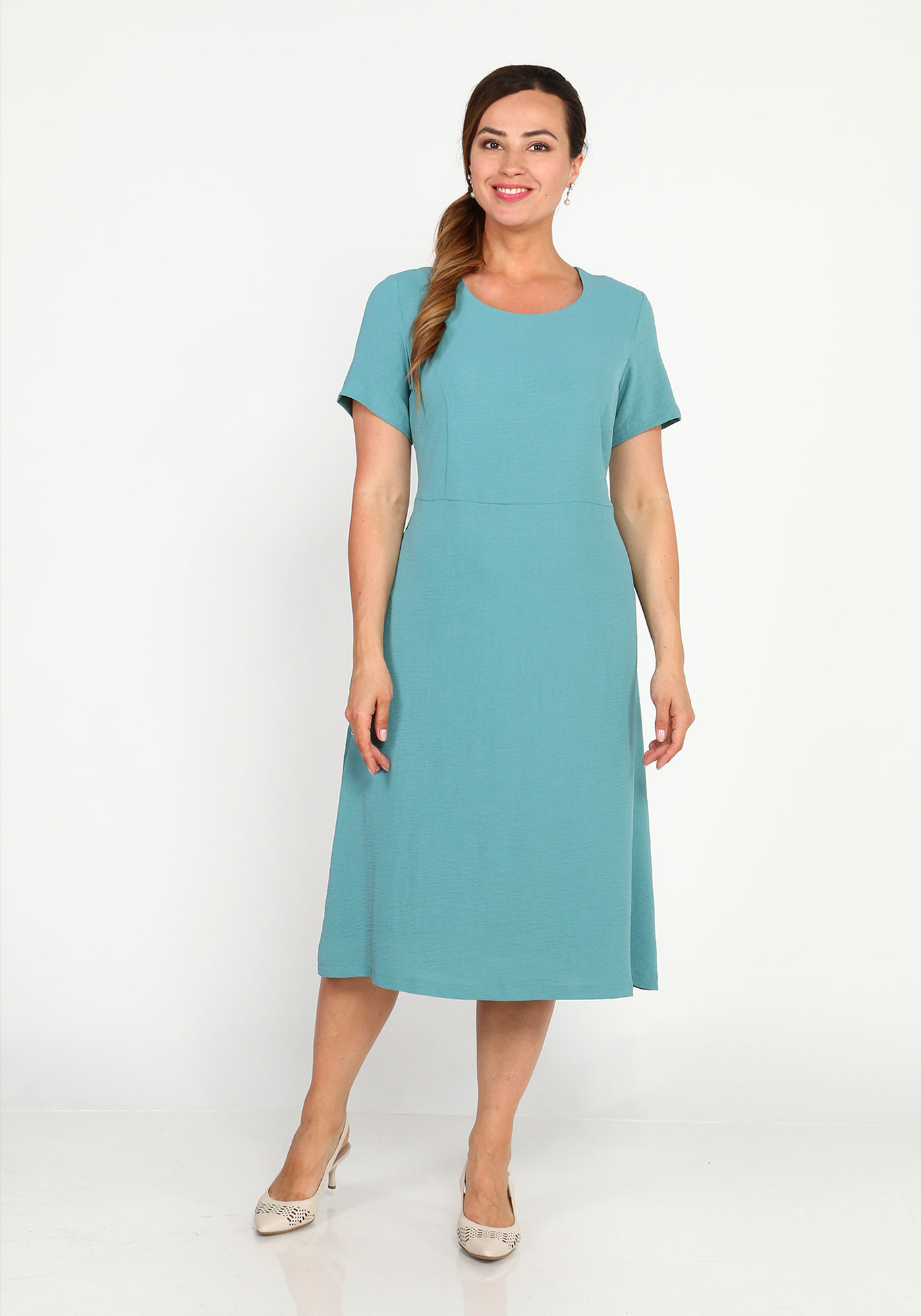 Платье с круглым вырезом и расклешенной юбкой Simple Story, размер 44, цвет голубой - фото 1