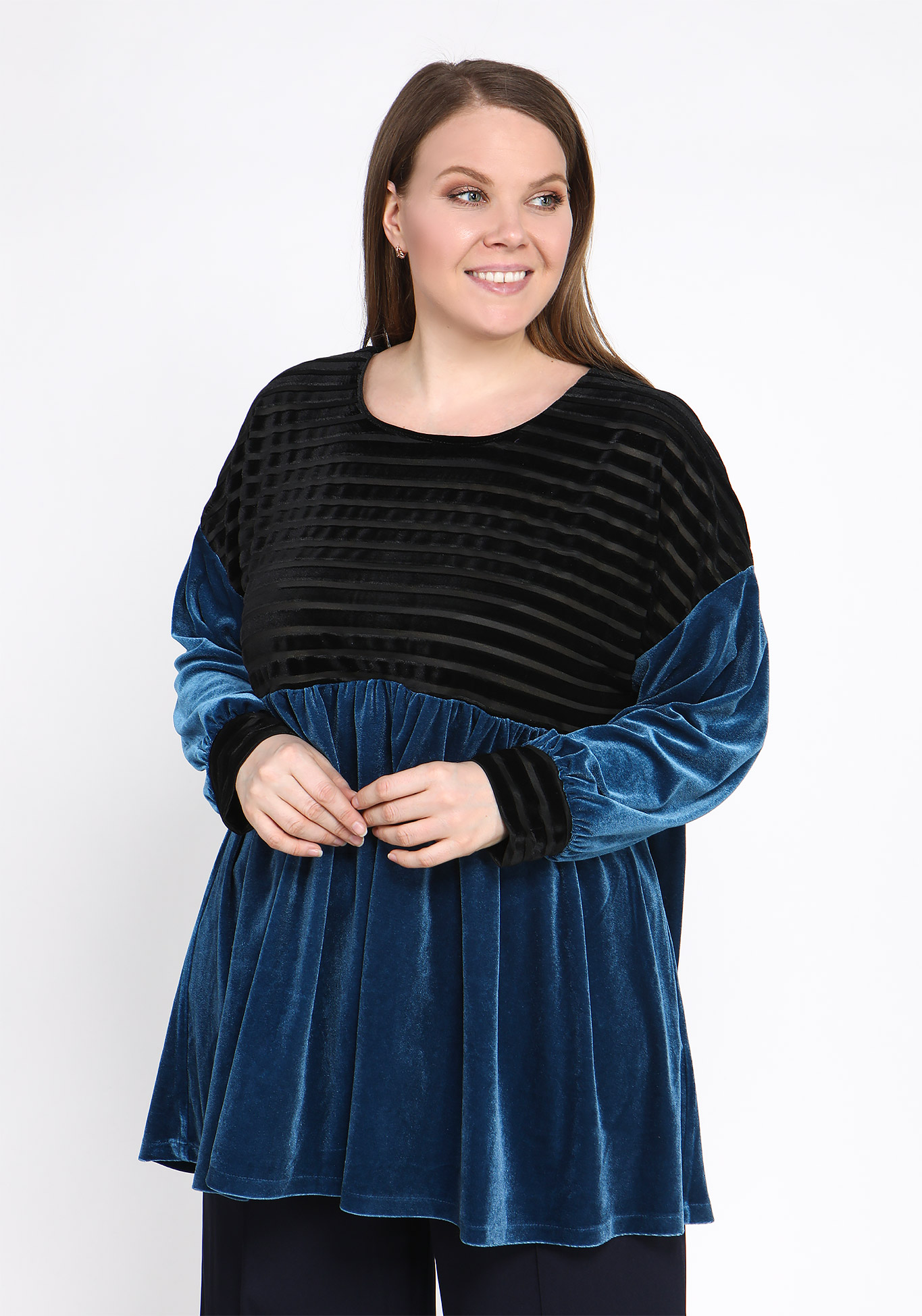 Блуза комбинированная из велюра Bianka Modeno, размер 50, цвет синий - фото 1