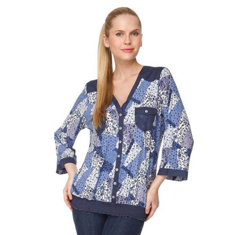 Блуза с отделкой под джинсу и цветным принтом шир.  750, рис. 1