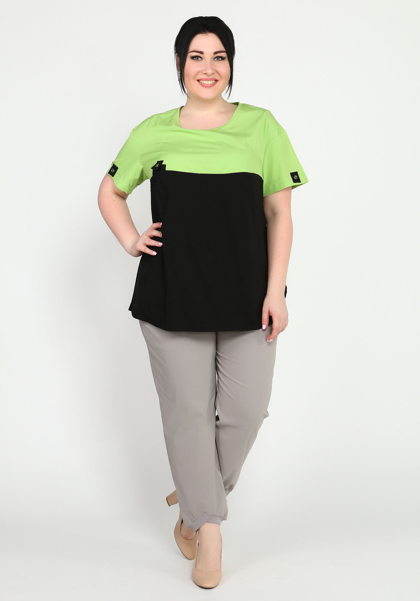 Блуза хлопковая с накладным карманом GalaGrosso, размер 60, цвет чёрно-зелёный - фото 2