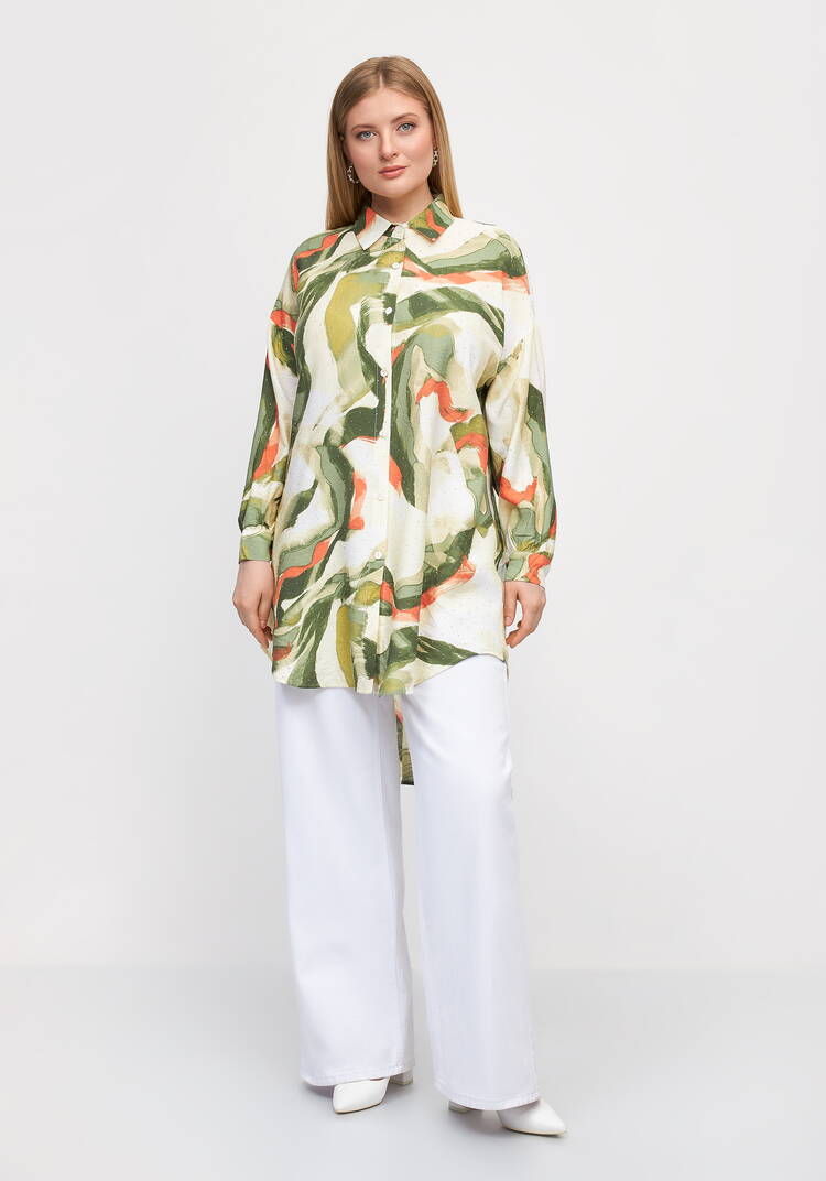 Туника на пуговицах с принтом и стразами шир.  750, рис. 4