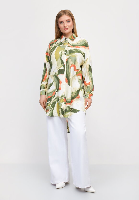 Туника на пуговицах с принтом и стразами шир.  580, рис. 4