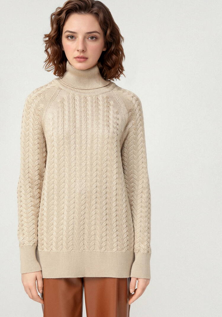 Свитер вязаный с косами и высоким горлом шир.  750, рис. 34