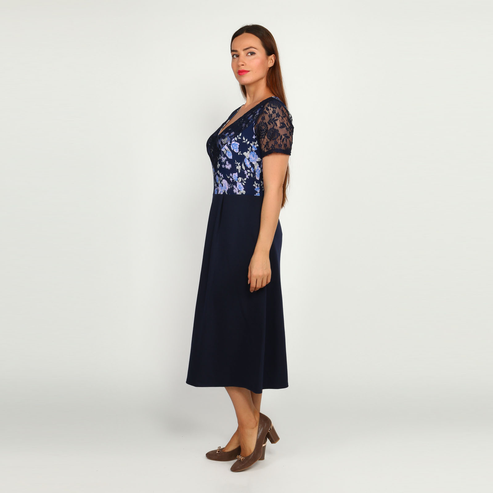 Платье с гипюровыми вставками и принтом Bianka Modeno, размер 54, цвет синий - фото 3