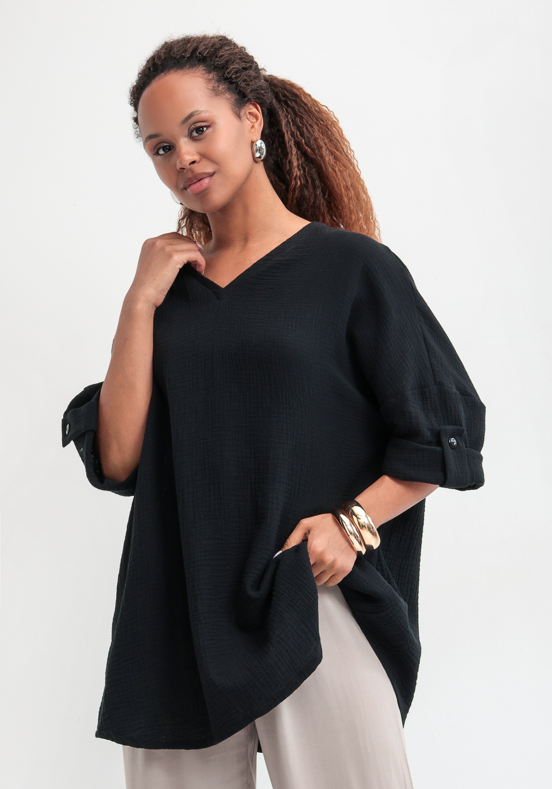 

Туника с V-образным вырезом и рукавом 3/4, Зеленый