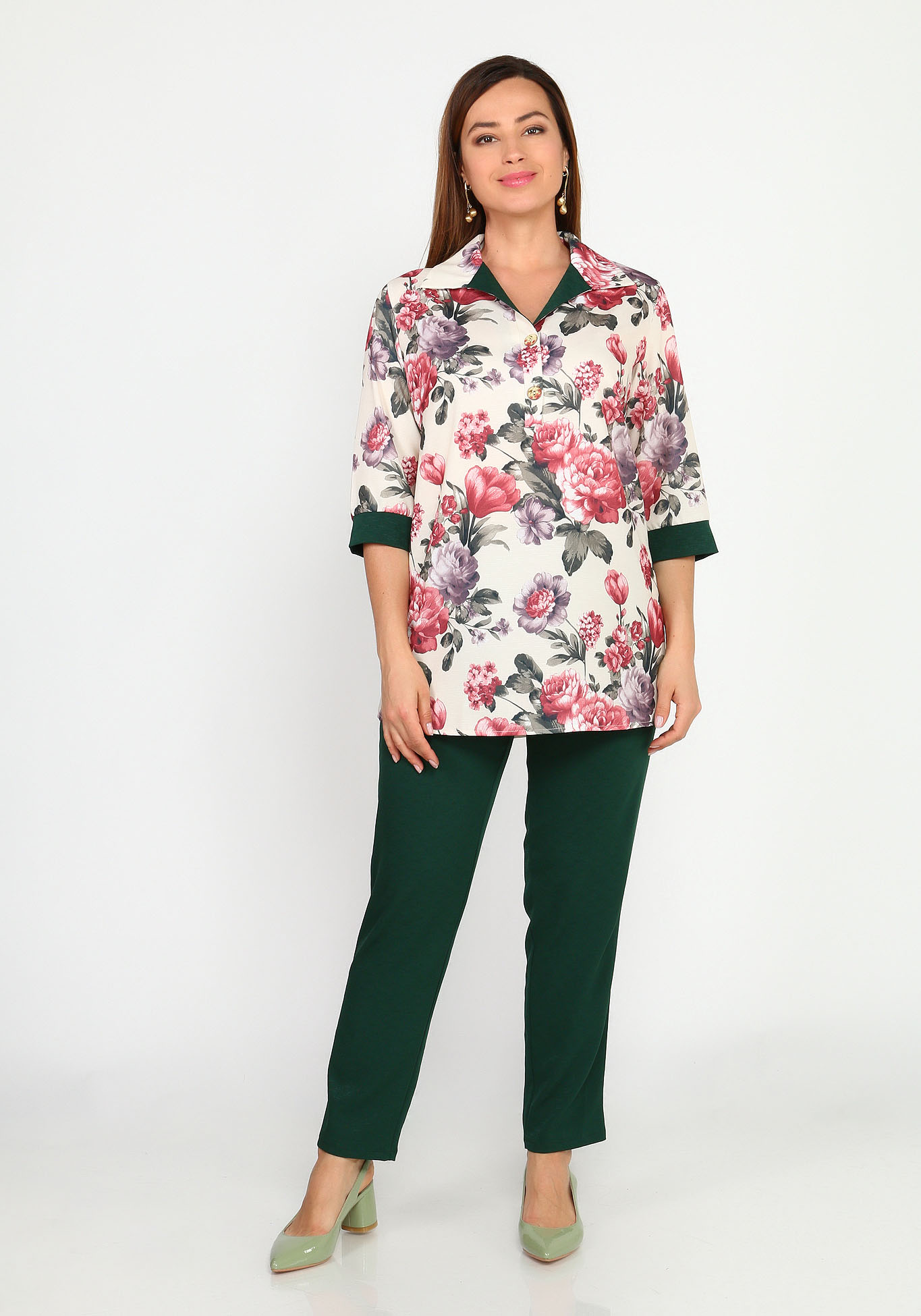 Костюм: брюки и блуза с отложным воротом Bianka Modeno, размер 52, цвет зелёный - фото 1