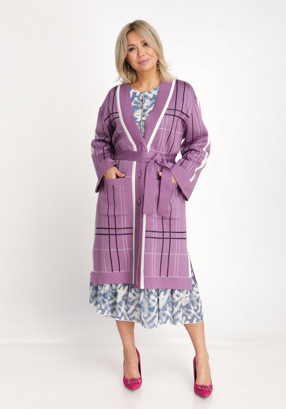 Кардиган в клетку с карманами и поясом шир.  580, рис. 6