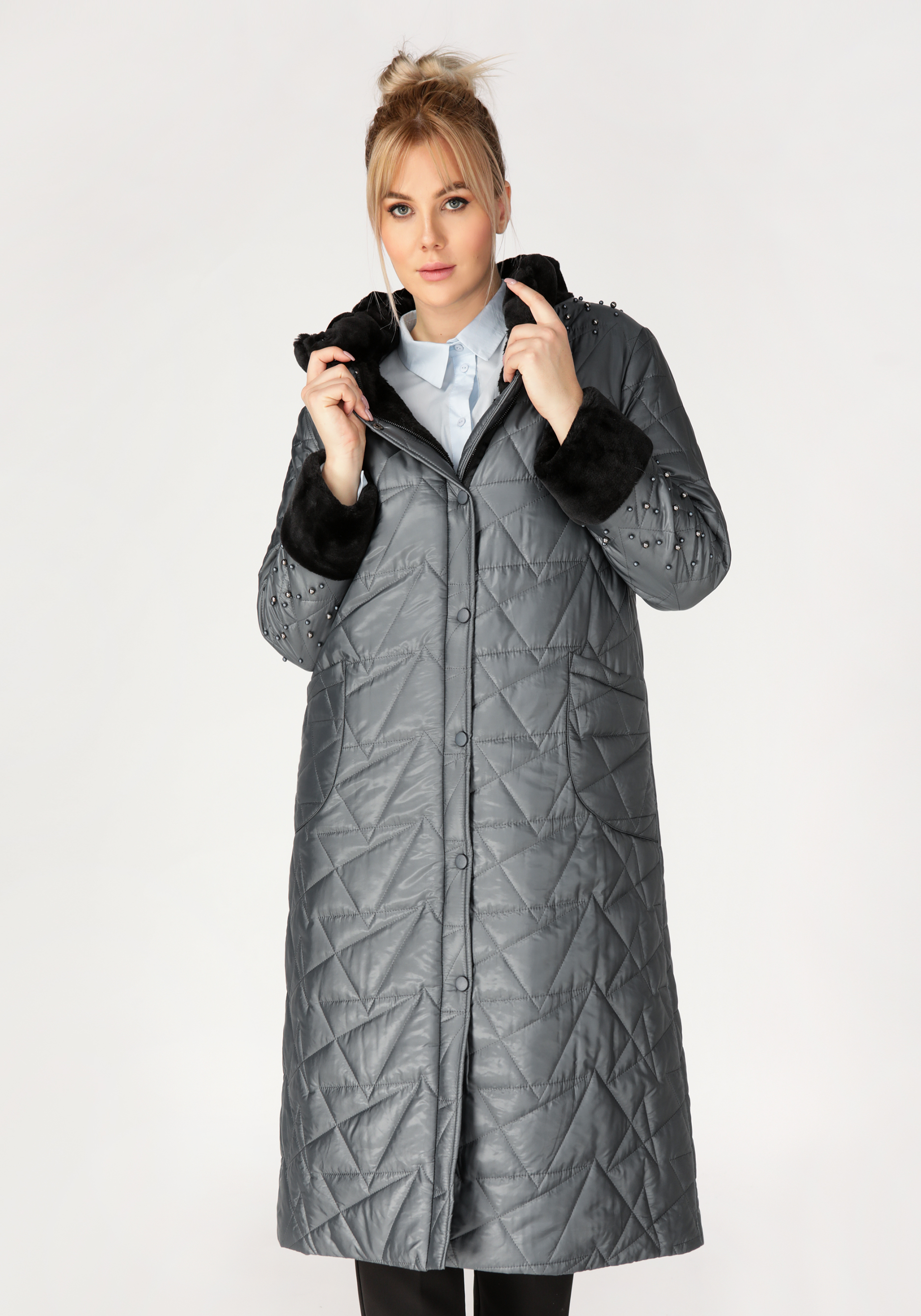 Пальто с экомехом и декором из жемчуга пальто женское теплые чувства