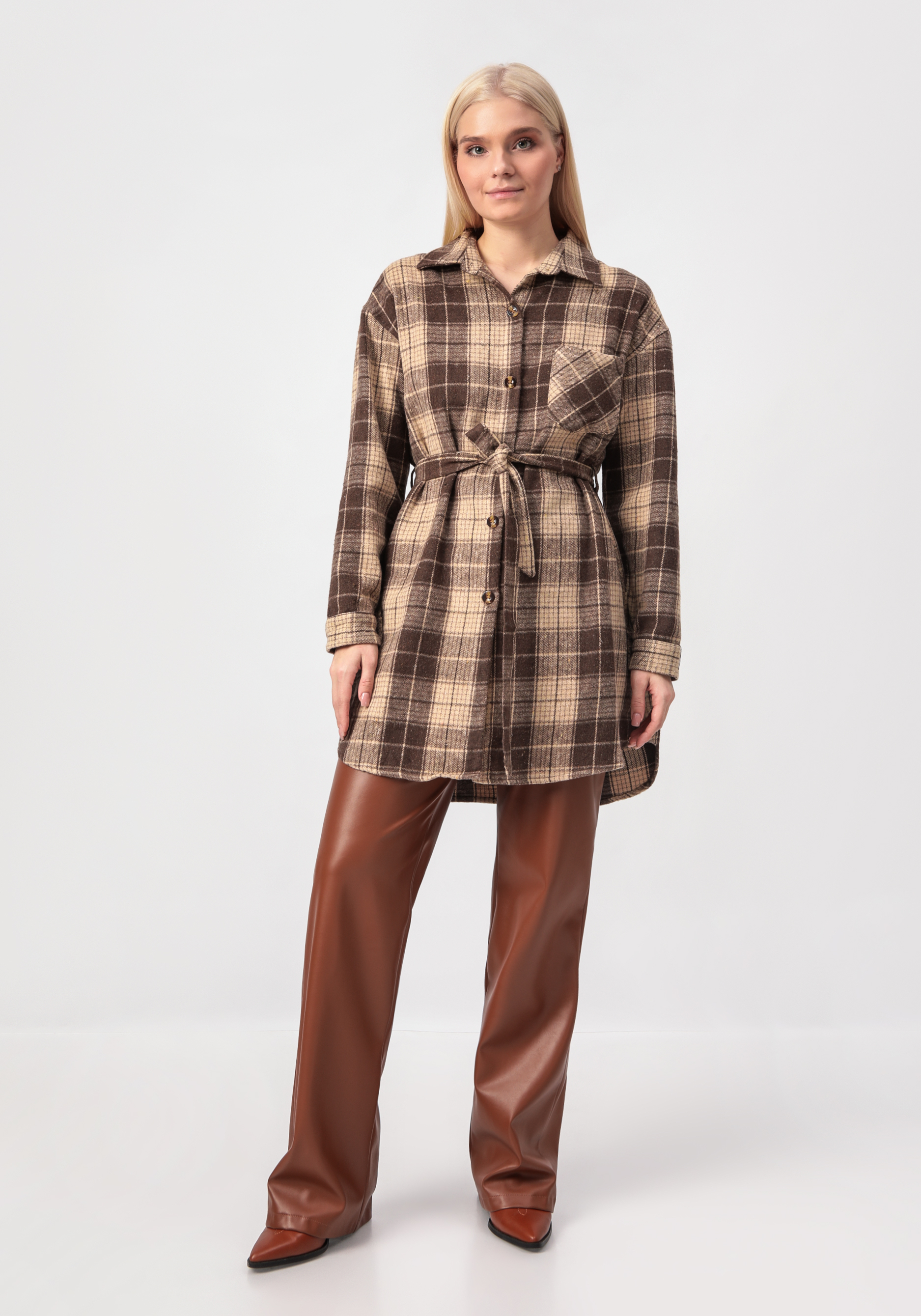Рубашка удлиненная с поясом Alina Collection, цвет коричневый, размер 58-60 - фото 2
