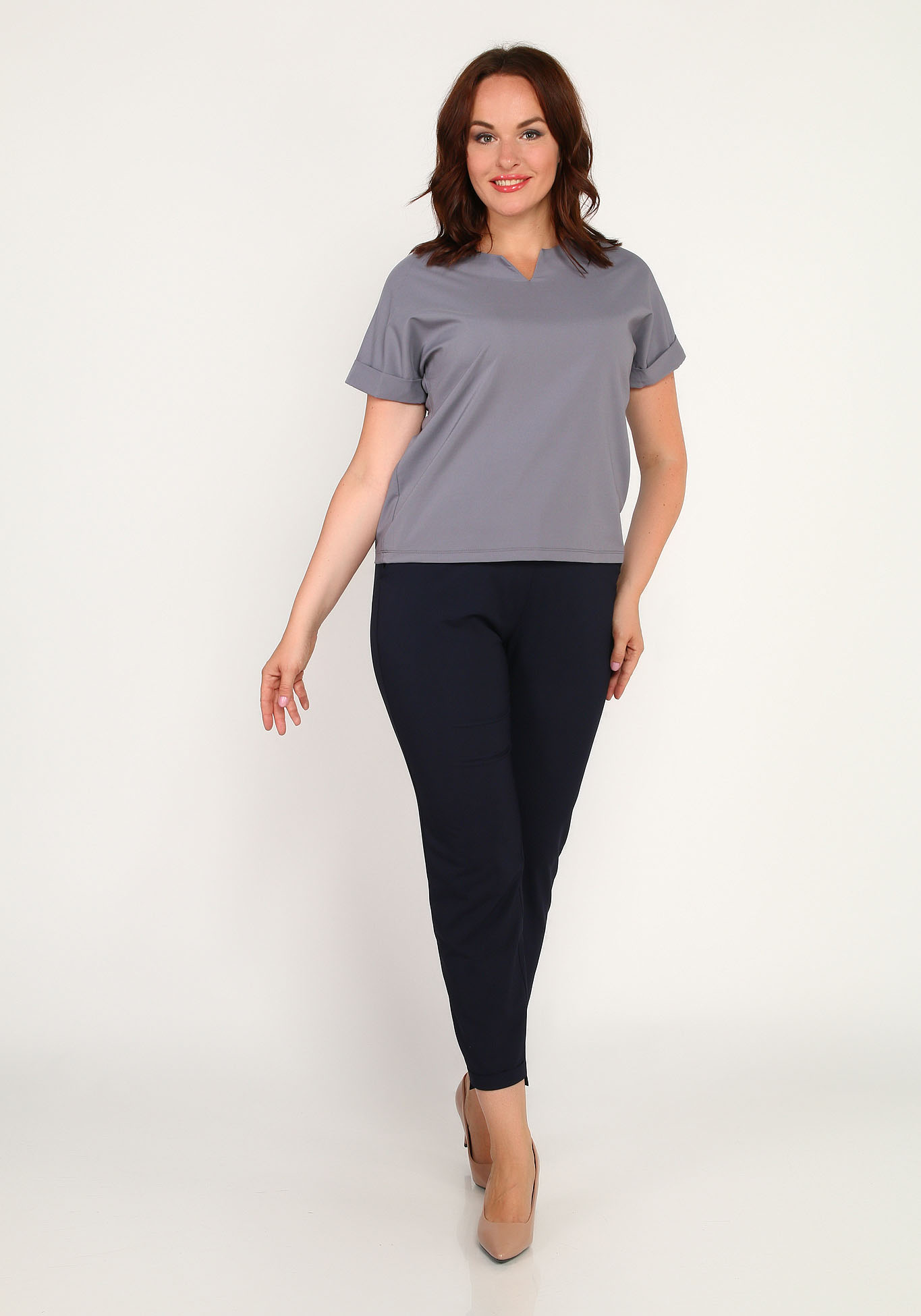 Блуза с коротким рукавом и фигурным вырезом Simple Story, размер 56, цвет серый - фото 2