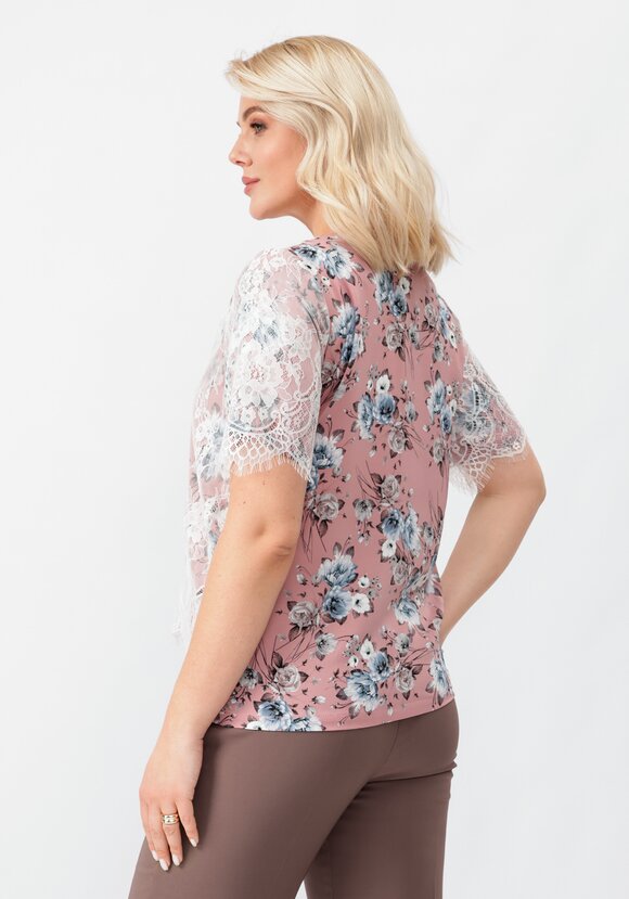 Блуза цветочная с кружевом шир.  580, рис. 3